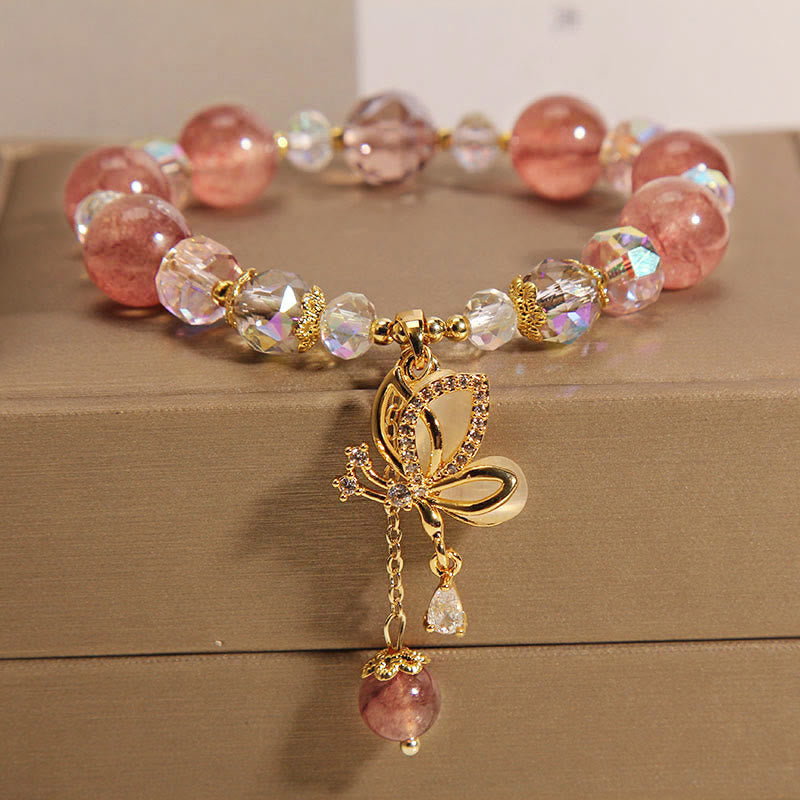 Mythstone Natural Strawberry Quartz Healing Positive Butterfly Charm Bracelet