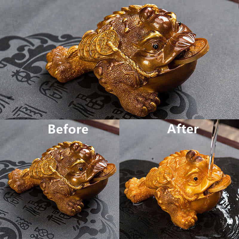 Mythstone Color Changing FengShui Wealth Lucky Frog Copper Coin Tea Pet Resin Figurine Decoration