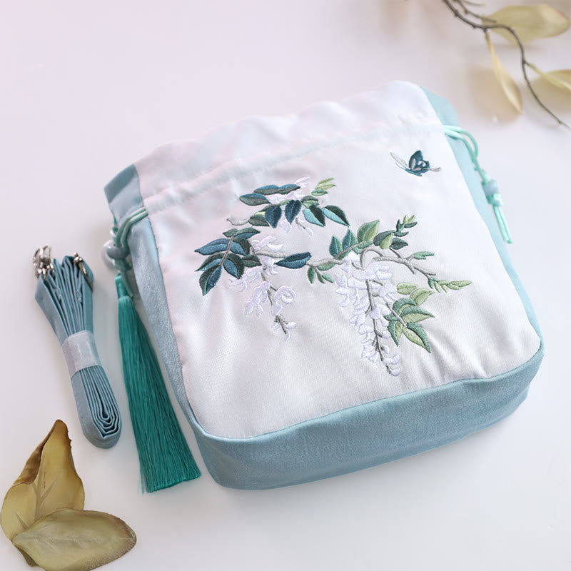 Mythstone Embroidered Flowers Wisteria Lily Cotton Linen Tote Crossbody Bag Shoulder Bag Handbag