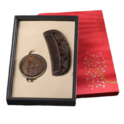 Mythstone Natural Green Sandalwood Rosewood Lotus Flower Peacock Butterfly Engraved Soothing Comb