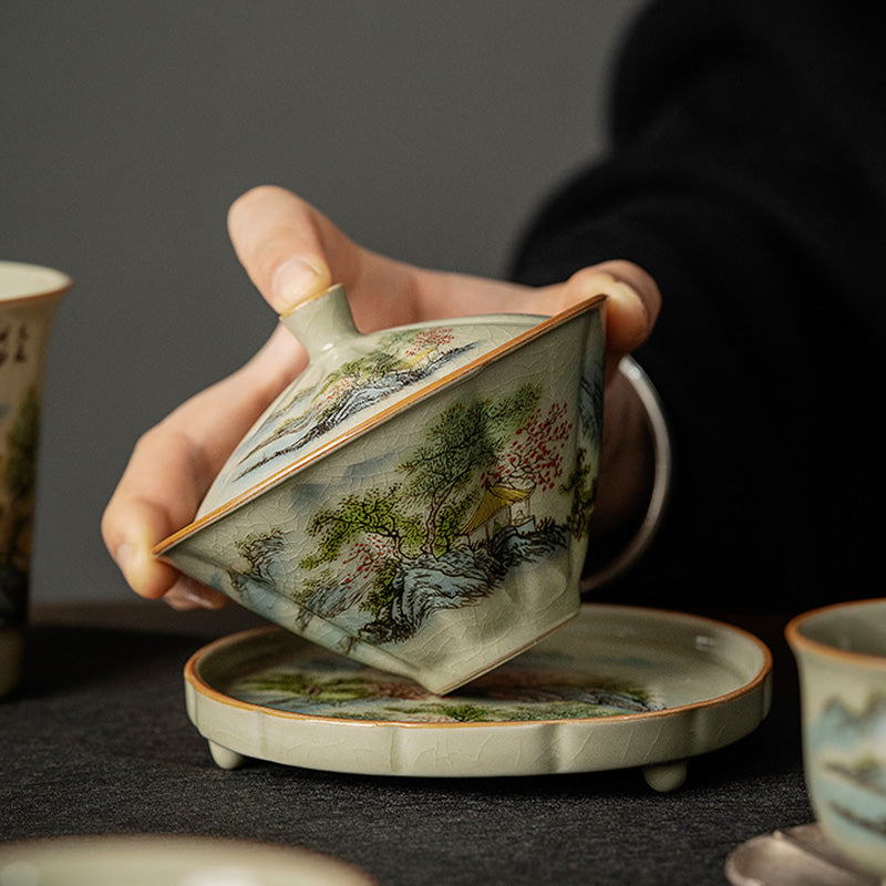 Mythstone Pine Mountain Forest Landscape Ceramic Gaiwan Sancai Teacup Kung Fu Tea Cup And Saucer With Lid