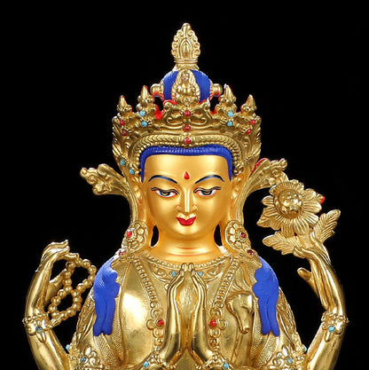 Mythstone Chenrezig Four-armed Avalokitesvara Protection Copper Gold Plated Statue Decoration