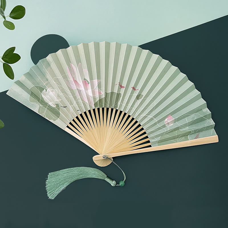 Mythstone Lotus Flowers Leaf Koi Fish Handheld Paper Bamboo Folding Fan