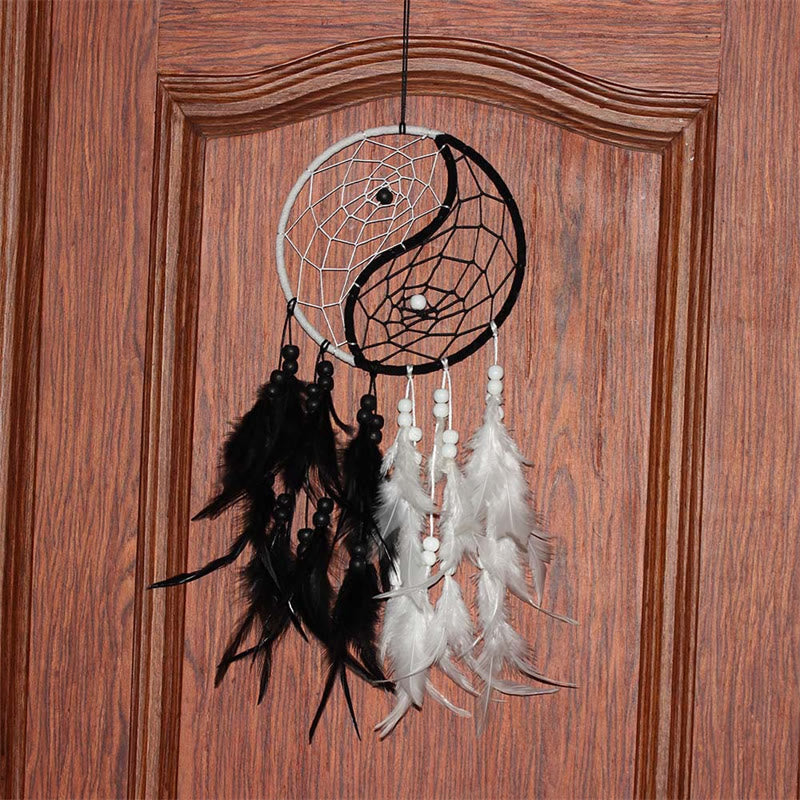 Mythstone Yin Yang  Dream Catcher Circular Net with Feathers Balance Decoration