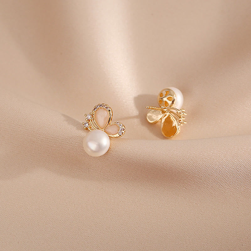 Mythstone 18K Gold Pearl Butterfly Love Freedom Stud Earrings