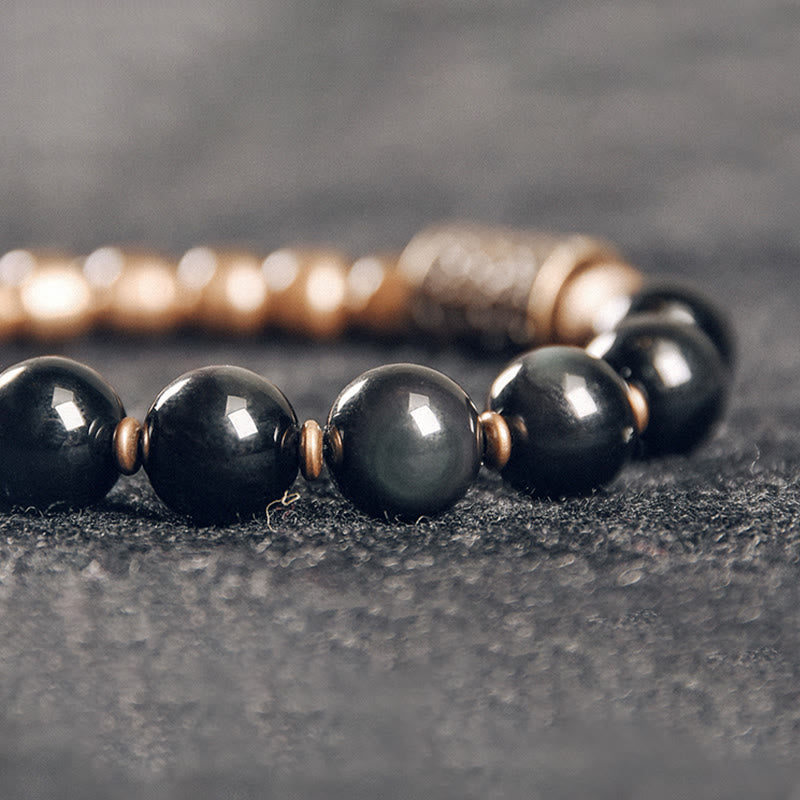 Pulsera de curación con soporte de cobre, obsidiana arcoíris y piedra de lava de Mythstone