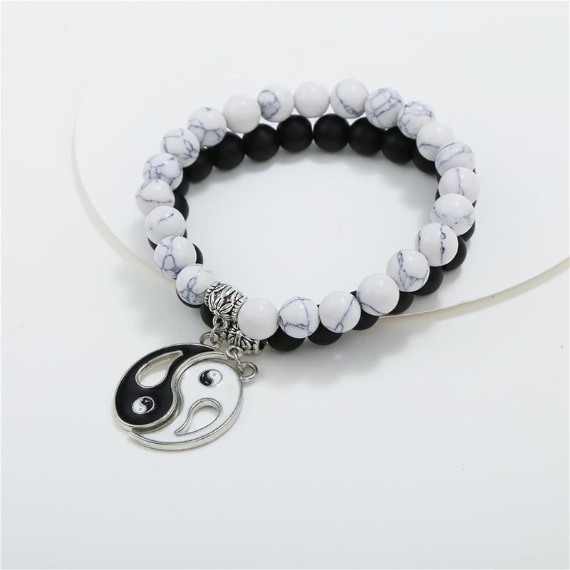 MythStone 2pcs Natural Black Onyx White Turquoise Bead Yin Yang Couple Bracelet