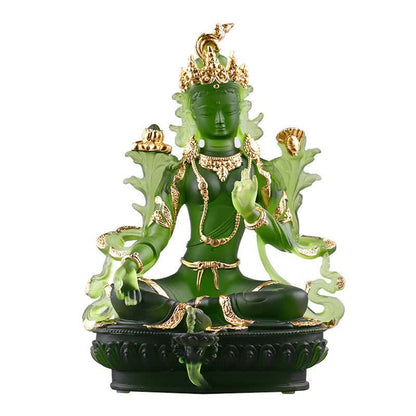 Mythstone Bodhisattva Green Tara Handmade Liuli Crystal Art Piece Protection Home Office Statue Decoration