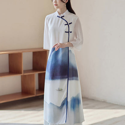 Mythstone Blue Landscape Painting Three Quarter Chinese Cheongsam Midi Dress