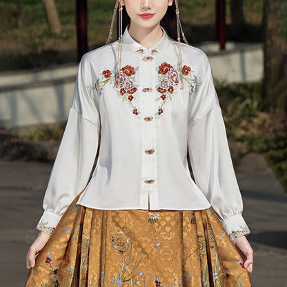 Mythstone Golden Flower Phoenix Embroidery Long Sleeve Shirt Top Chinese Hanfu Ming Dynasty Horse Face Skirt Mamianqun Skirt