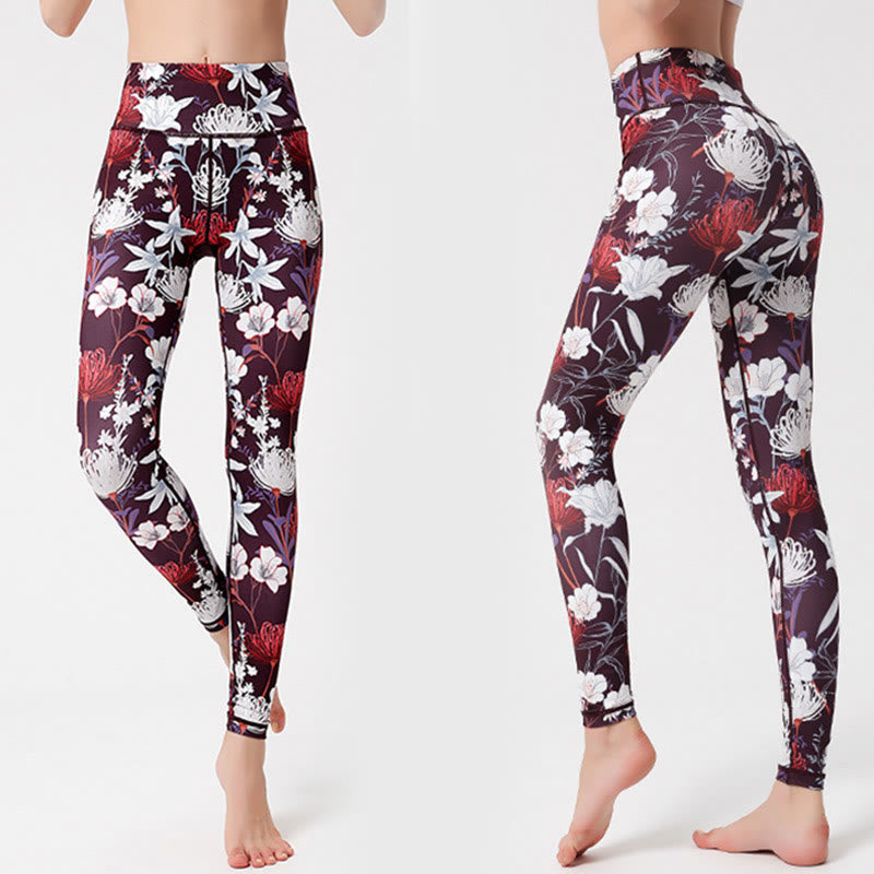 Mythstone Colorful Flower Petal Leaves Print Sports Exercise Fitness High Waist Leggings Women's Yoga Pants