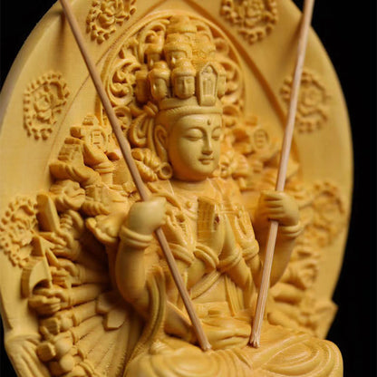 Mythstone Handmade Thousand-armed Avalokitesvara Kwan Yin Bodhisattva Statue Boxwood Abundance Home Decoration