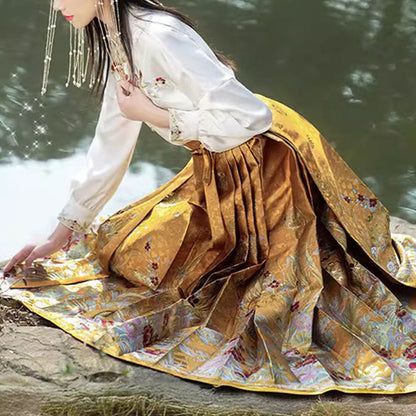 Mythstone Golden Flower Phoenix Embroidery Long Sleeve Shirt Top Chinese Hanfu Ming Dynasty Horse Face Skirt Mamianqun Skirt