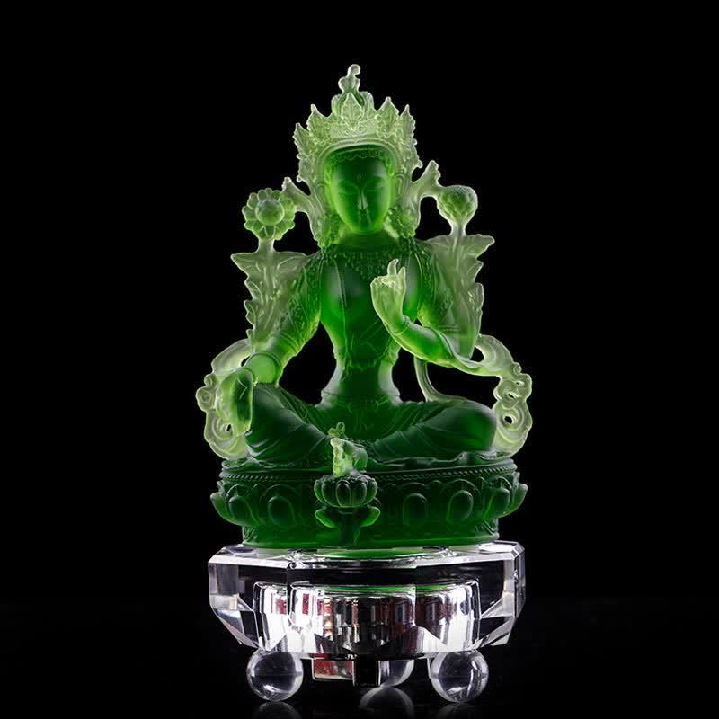 Mythstone Bodhisattva Green Tara Handmade Liuli Crystal Art Piece Protection Home Office Statue Decoration