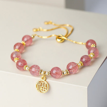 Mythstone 14K Gold Plated Natural Strawberry Quartz Fu Character Positive Charm Bracelet