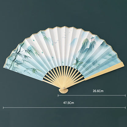 Mythstone Retro Lotus Flower Leaf Mountain Lake Handheld Folding Fan With Bamboo Frames