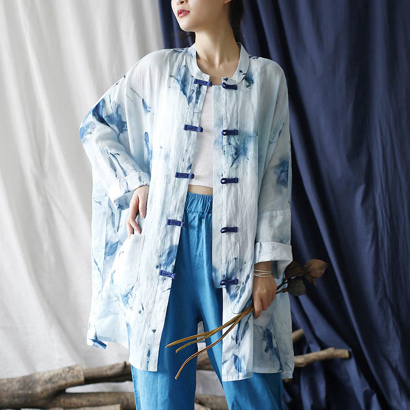 Mythstone Blue White Ink Printing Frog-button Design Long Sleeve Ramie Linen Jacket Shirt With Pockets