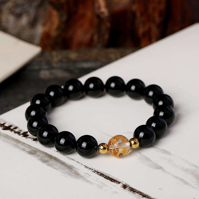 Mythstone Natural Black Obsidian White Crystal Black Onyx Dragon Strength Bracelet