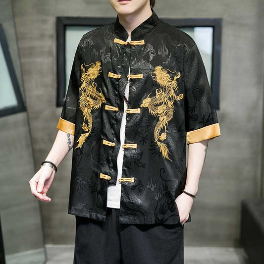 Mythstone Frog-Button Chinese Dragon Embroidery Half Sleeve Shirt Linen Men Clothing