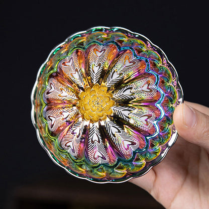 Mythstone Peacock Lotus Feathers Gold Inlaid Rainbow Color Jianzhan Ceramic Teacup Kung Fu Tea Cup