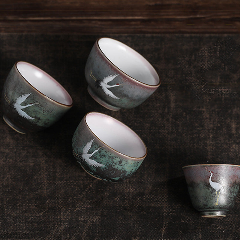 Mythstone Auspicious Crane Ceramic Teacup Kung Fu Tea Cup Bowl