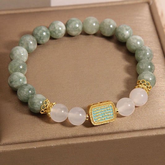 Mythstone Natural Green Jade White Agate Five Scriptures Abundance Bracelet