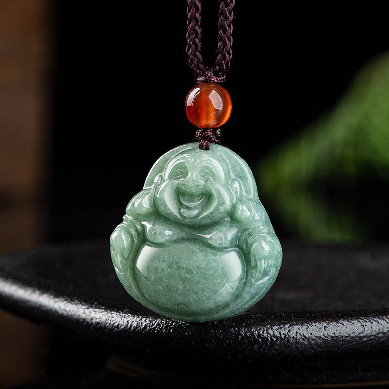 Mythstone Laughing Buddha Cyan Jade Success Necklace String Pendant