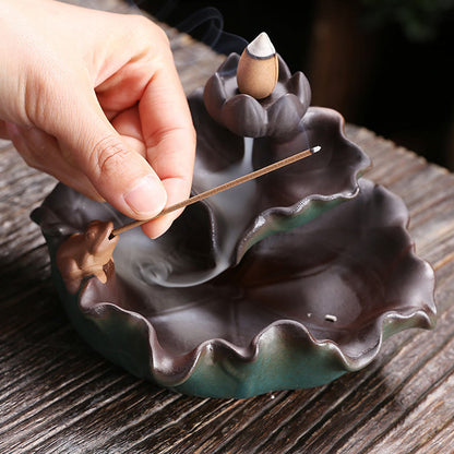 Mythstone Lotus Flower Leaf Frog Butterfly Pattern Healing Ceramic Incense Burner Decoration