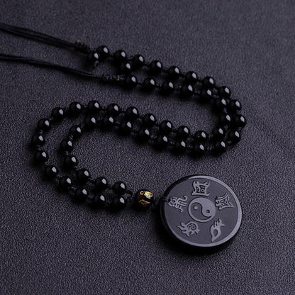 Mythstone Natural Black Obsidian Taoism Five Sacred Mountains Nine-Character Mantra Carved Strength Yin Yang Necklace Pendant Key Chain