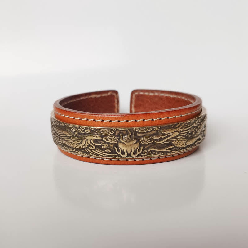 Mythstone 2Pcs Om Mani Padme Hum Dragon Phoenix Copper Leather Peace Cuff Bracelet Bangle