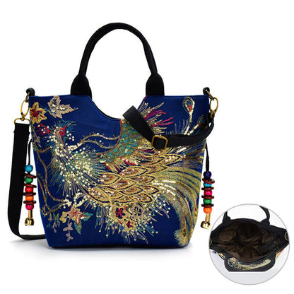 Mythstone Peacock Double-sided Embroidery Tote Bag Shoulder Bag Crossbody Bag