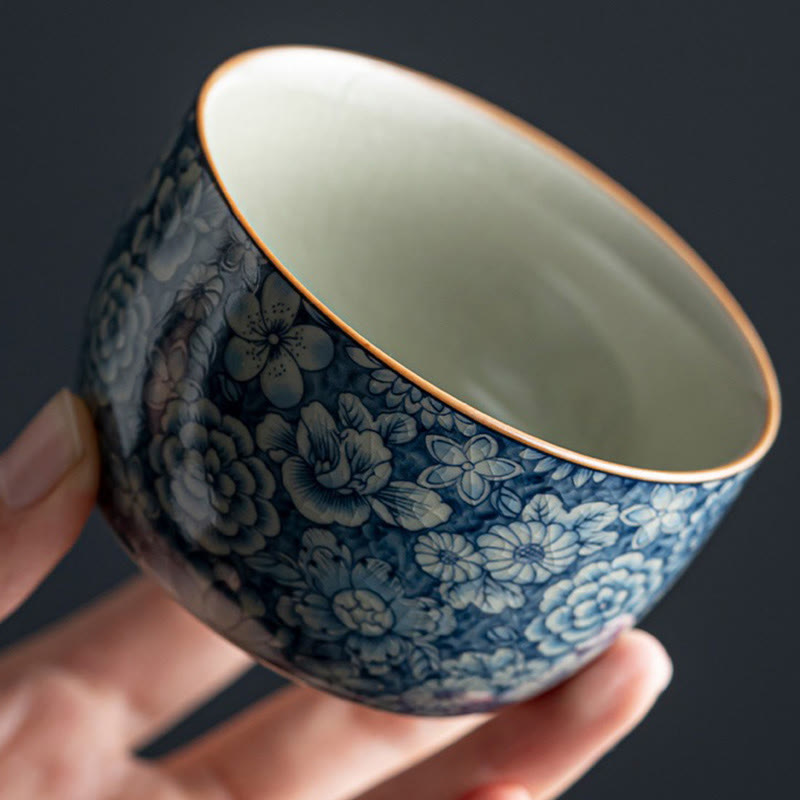 Mythstone Blue Lotus Peach Blossom Chrysanthemum Design Ceramic Teacup Kung Fu Tea Cups