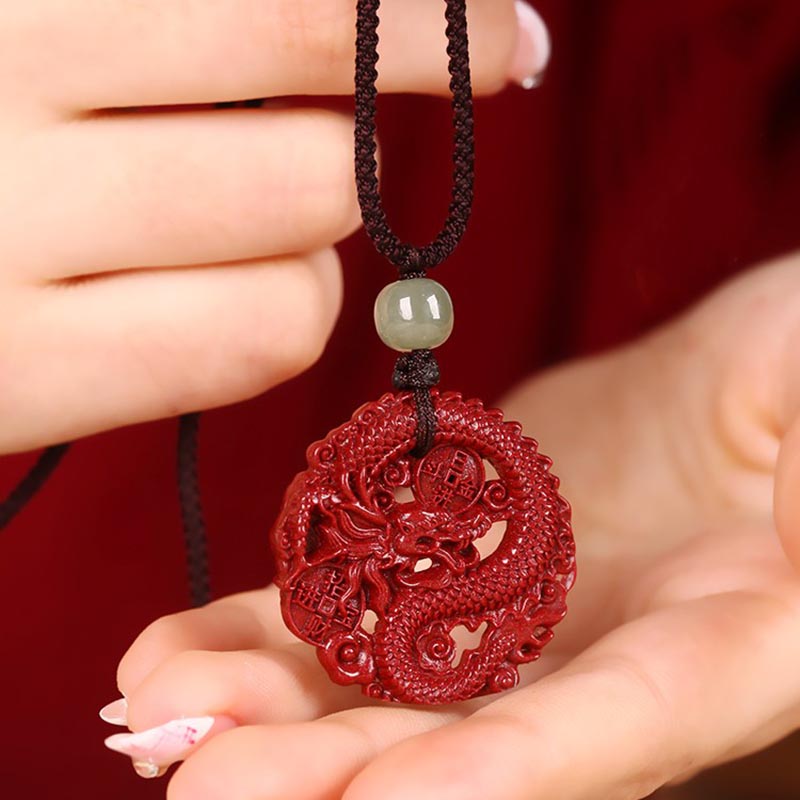 Mythstone Year Of The Dragon Natural Cinnabar Hetian Jade Bead Copper Coin Attract Wealth Strength Necklace Pendant