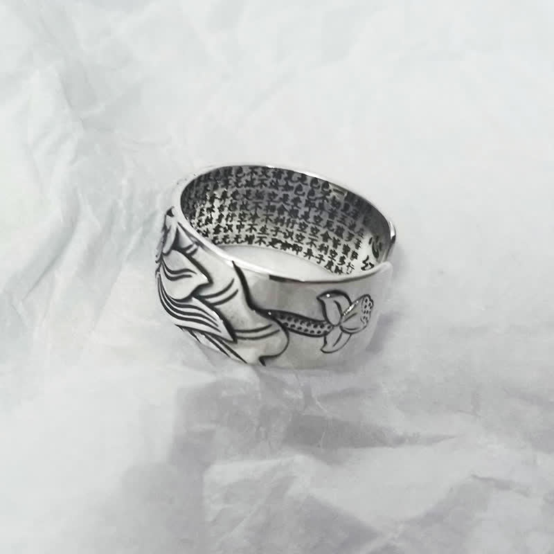 Mythstone 999 Sterling Silver Lotus Symbol Heart Sutra Protection Ring