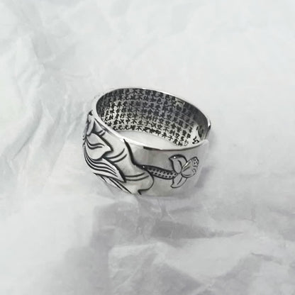 Mythstone 999 Sterling Silver Lotus Symbol Heart Sutra Protection Ring