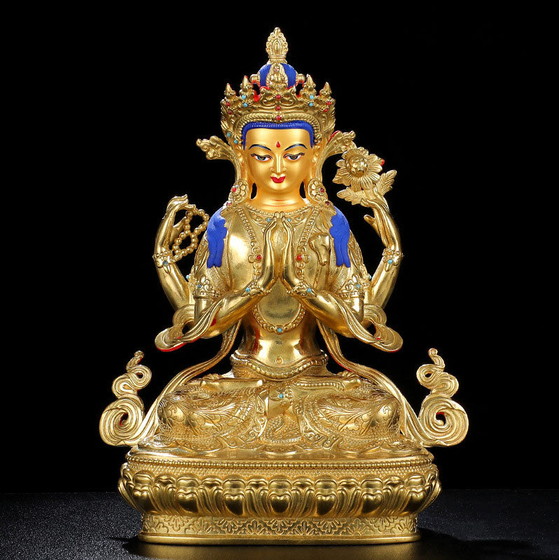 Mythstone Chenrezig Four-armed Avalokitesvara Protection Copper Gold Plated Statue Decoration