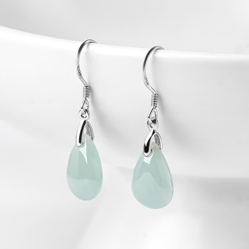 Mythstone 925 Sterling Silver Jade Water Drop Pattern Luck Prosperity Dangle Earrings