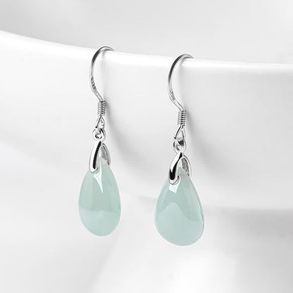 Mythstone 925 Sterling Silver Jade Water Drop Pattern Luck Prosperity Dangle Earrings