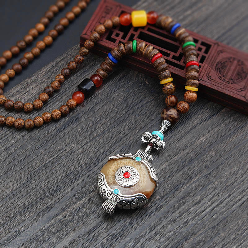 Mythstone Tibetan Wenge Wood Bodhi Seed Agate Elephant Protection Necklace Pendant