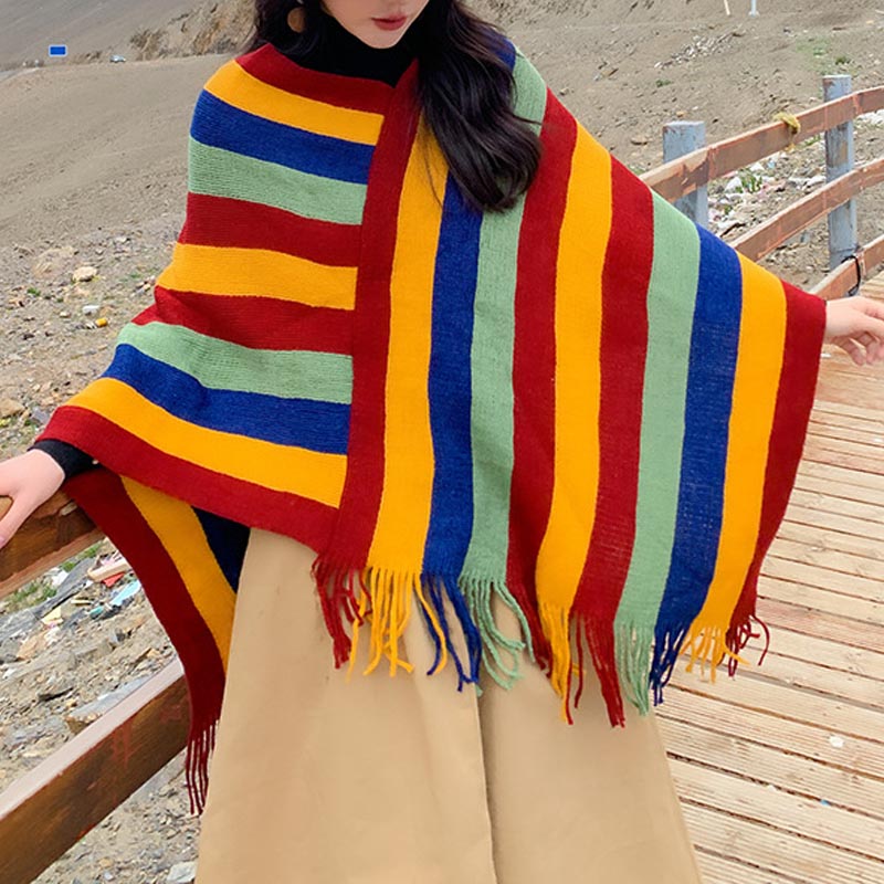 Mythstone Tibetan Colorful Striped Design Shawl Tassels Pullover Winter Cozy Travel Scarf Wrap