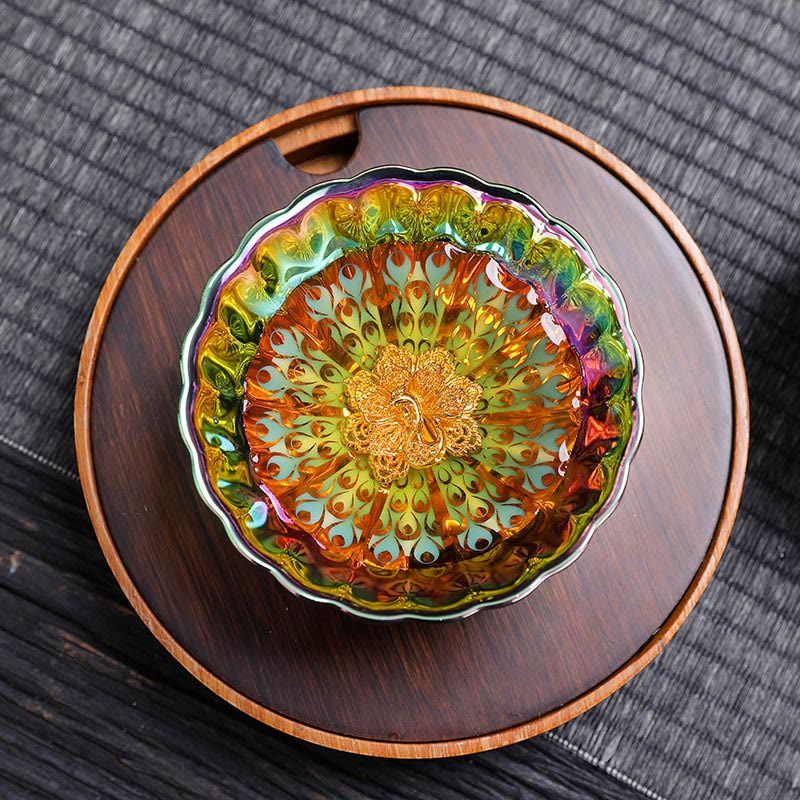 Mythstone Vivid Peacock Lotus Gold Inlaid Design Colorful Chinese Jianzhan Ceramic Teacup Kung Fu Tea Cup