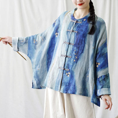 Mythstone Blue White Beige Small Flower Frog-button Design Long Sleeve Ramie Linen Jacket Shirt