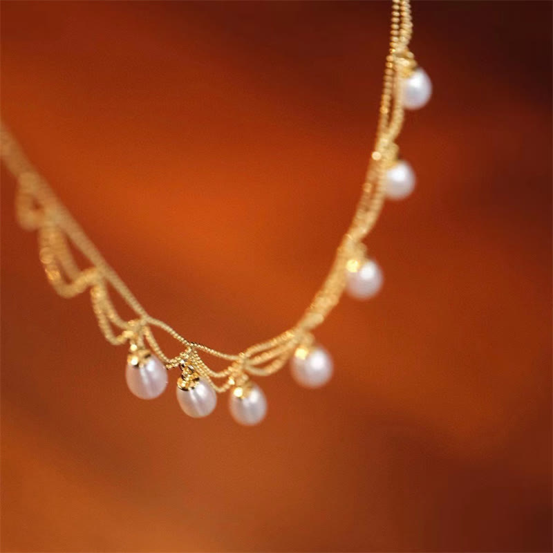 Mythstone Vintage 14K Gold Plated Pearl Bead Healing Multilayer Necklace Pendant