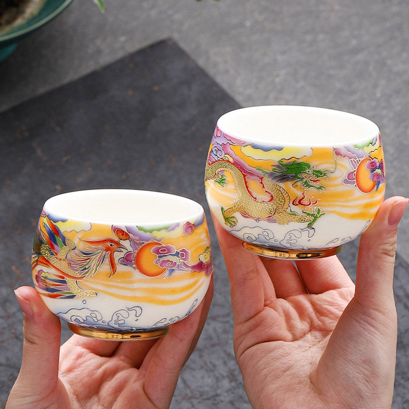 Mythstone Dragon Phoenix Auspicious Clouds Sun Ocean Waves Ceramic Teacup Kung Fu Tea Cup