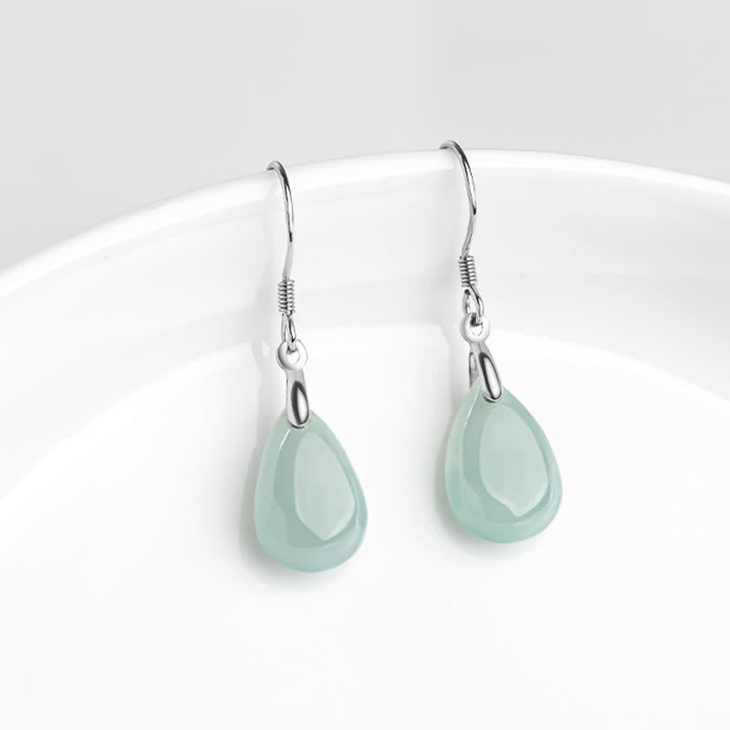 Mythstone 925 Sterling Silver Jade Water Drop Pattern Luck Prosperity Dangle Earrings