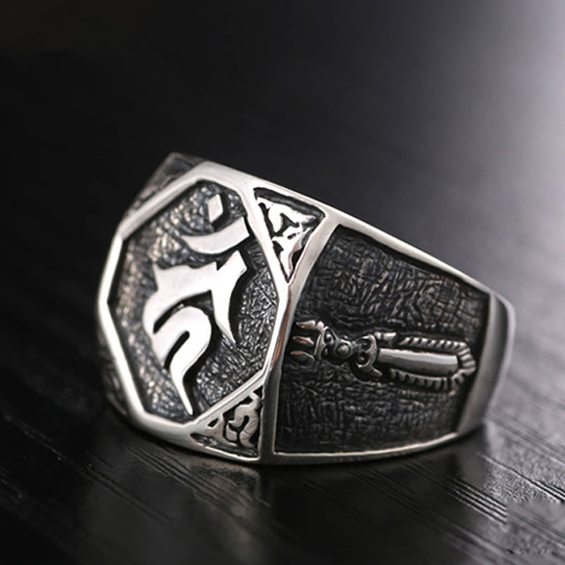 Anillo ajustable de protección tallado con diseño sánscrito en plata de ley 925 Mythstone