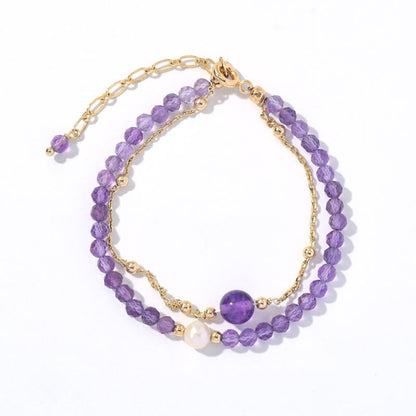 Mythstone 14K Gold Plated Amethyst Crystal Healing Double Layer Chain Bracelet