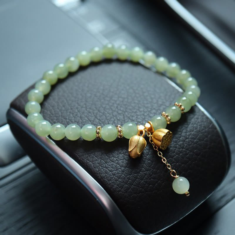 Mythstone 925 Sterling Silver Plated Gold Natural Hetian Jade Bead Gourd Lotus Bamboo Fu Character Luck Bracelet