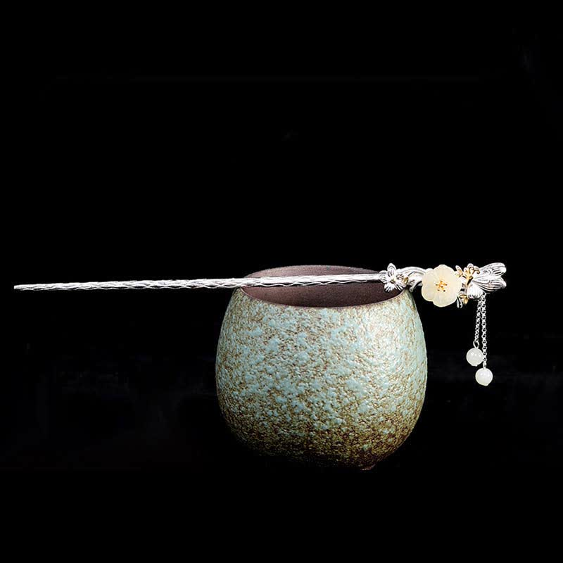 Mythstone 925 Sterling Silver Hetian White Jade Flower Blessing Hairpin