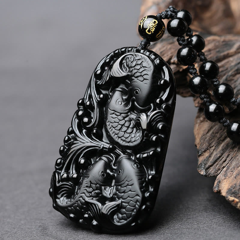 Mythstone Black Obsidian Koi Fish Engraved Strength Beaded Necklace Pendant